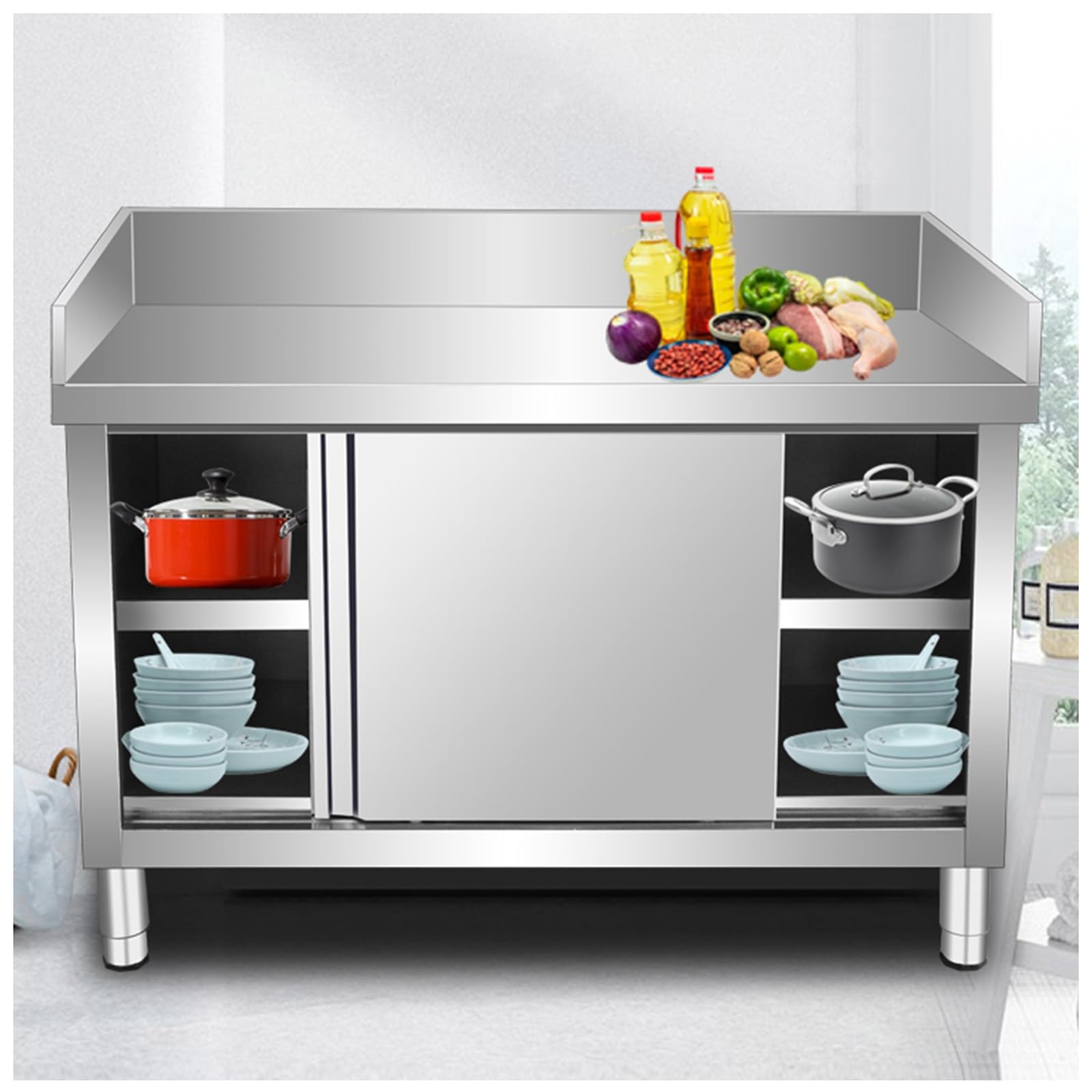 Generisch Edelstahl-Werkbank mit Rückenlehne und Schiebetür, gewerblicher Küchenvorbereitungstisch, multifunktionaler Lagerschrank aus Metall, langlebiger Arbeitstisch mit großem Platzangebot