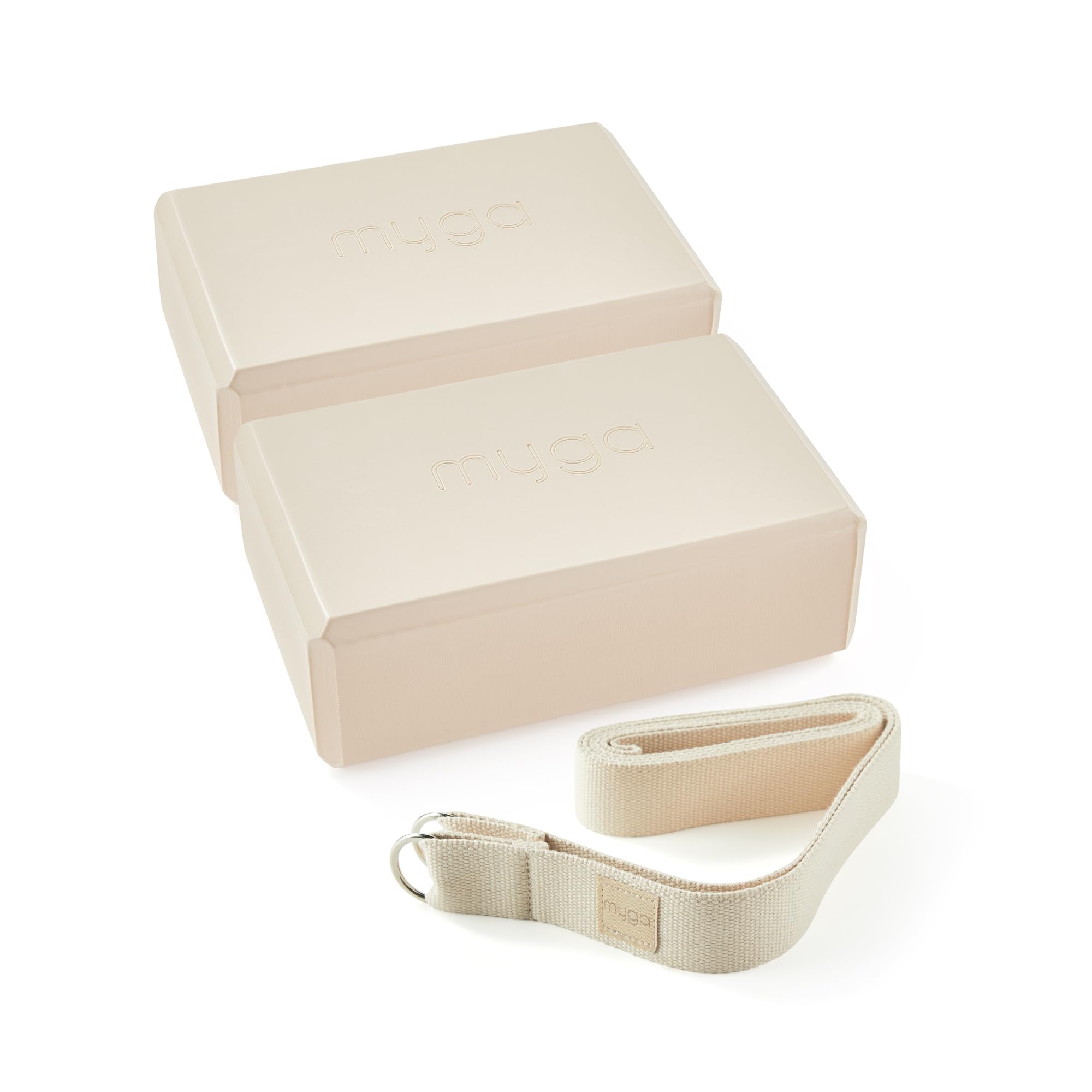 Myga Yoga Blocks & Strap Set - 2 High Density Foam Bricks and Metal D Ring Belt for Yoga, Pilates and Fitness - Support and Deepen Poses, Non-Slip and Lightweight for Home & Gym (Sand)