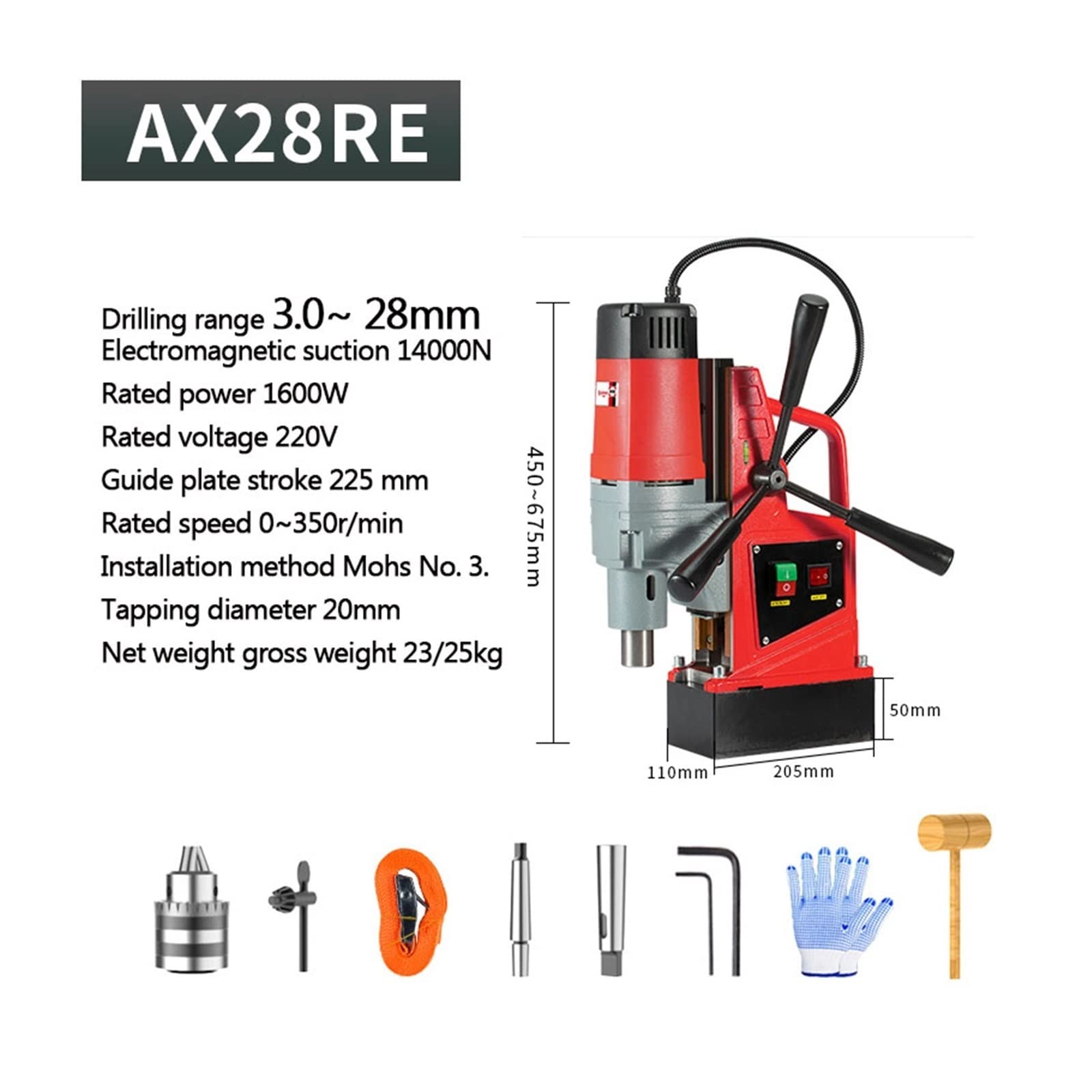 Taladro magnético eléctrico AX23RE/AX28RE, taladro de suelo, potente taladro magnético, máquina de perforación portátil de grado Industrial Fácil de usar para principiantes y profesionales (Color : A