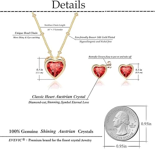 Miniatura 4 de EVEVIC - Juego de collar y aretes con dije de corazón de cristal austriaco para mujer, chapado en oro de 14 quilates, hipoalergénico