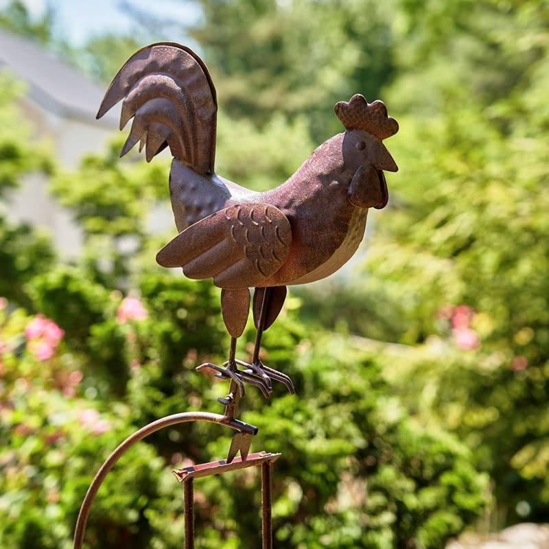 Rusty Animal Garden Swing Balance Stakes in Assorted Styles (Rooster with Glass Ball)