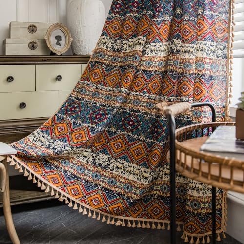 VOGOL Boho Geometric Linen Textured Tassel Curtain, 59 x 94, 1 Panel