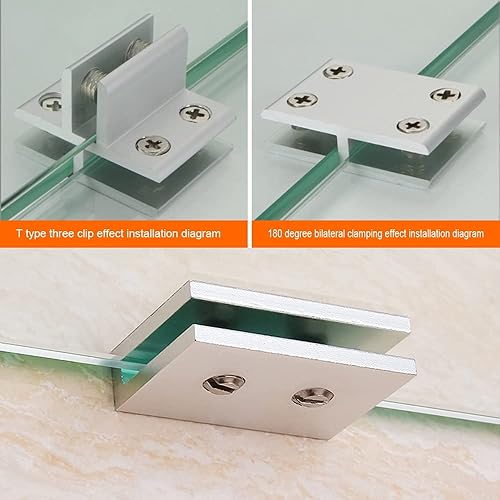 Miniatura 7 de Abrazadera de vidrio, paquete de 2 soportes de estante de vidrio de aleación de aluminio de 180 grados, soporte de vidrio de doble cara para vidrio