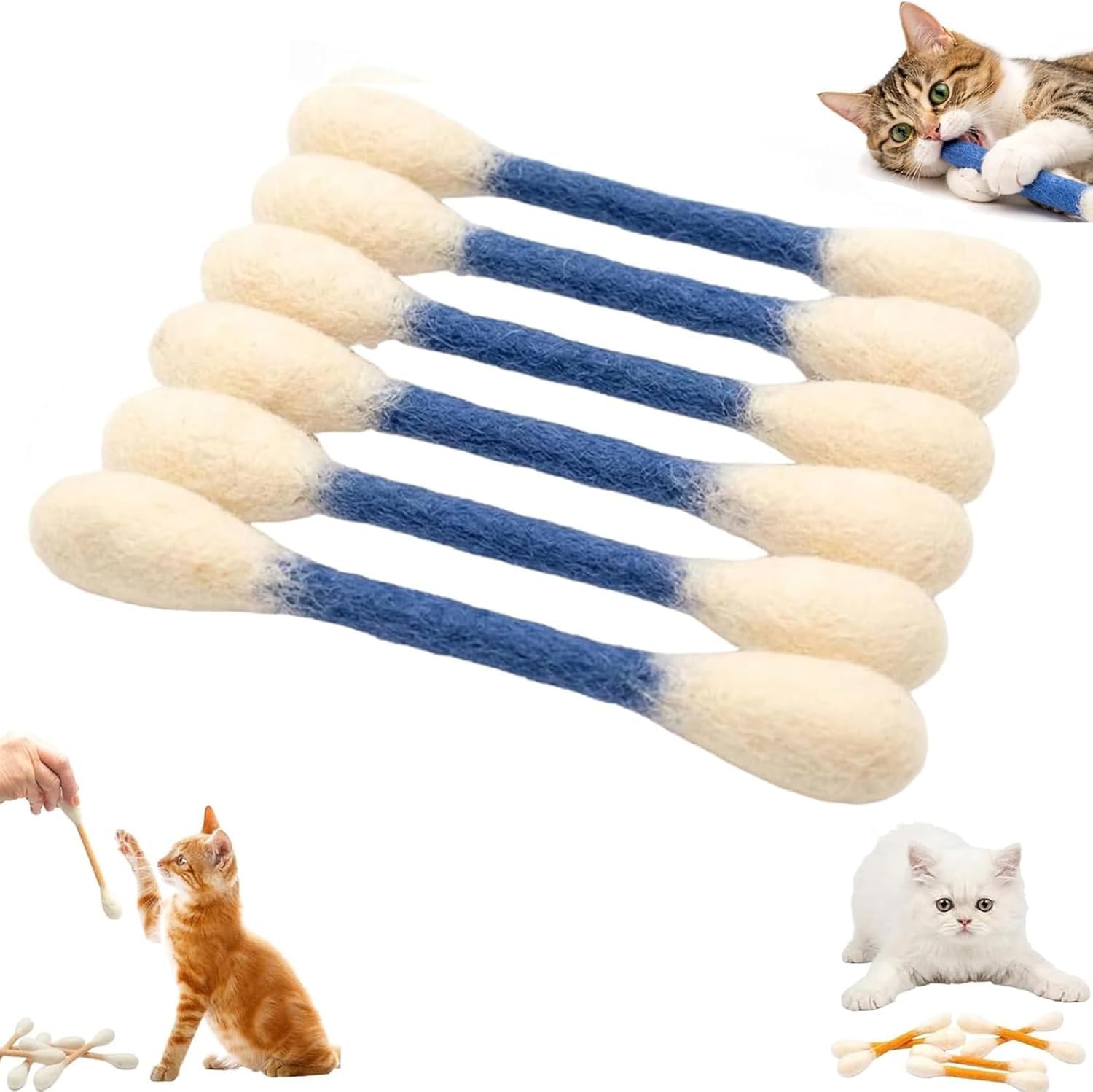 SANJSJHXJ Giant Cotton Bud Cat Toy & Cotton Swabs 6 Pack, Interactive Kitten Dental Chew Catnip Toys for Boredom,Blue