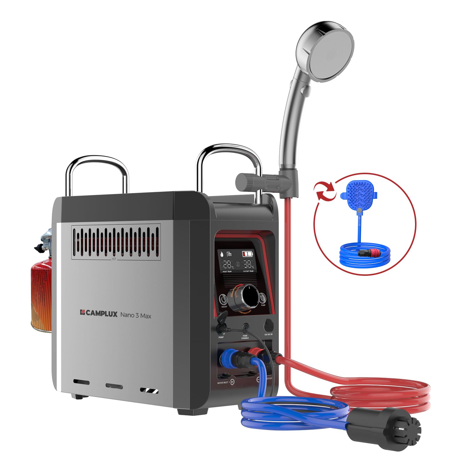 CAMPLUX Nano 3 Max - Chauffe-Eau Portable à Gaz, Kit Douche Outdoor, Eau Chaude Instantanée, avec Batterie Intégrée et Pompe 12V, Compact pour Camping & Vanlife