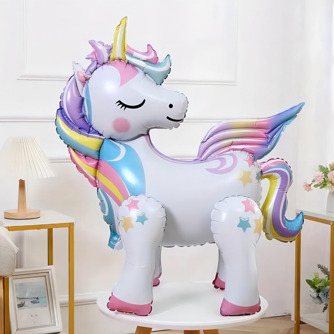 5 Pcs Self Standing Unicorn Balloons - 3D Rainbow and Star Foil Balloons for Birthday Party Decorations and Supplies