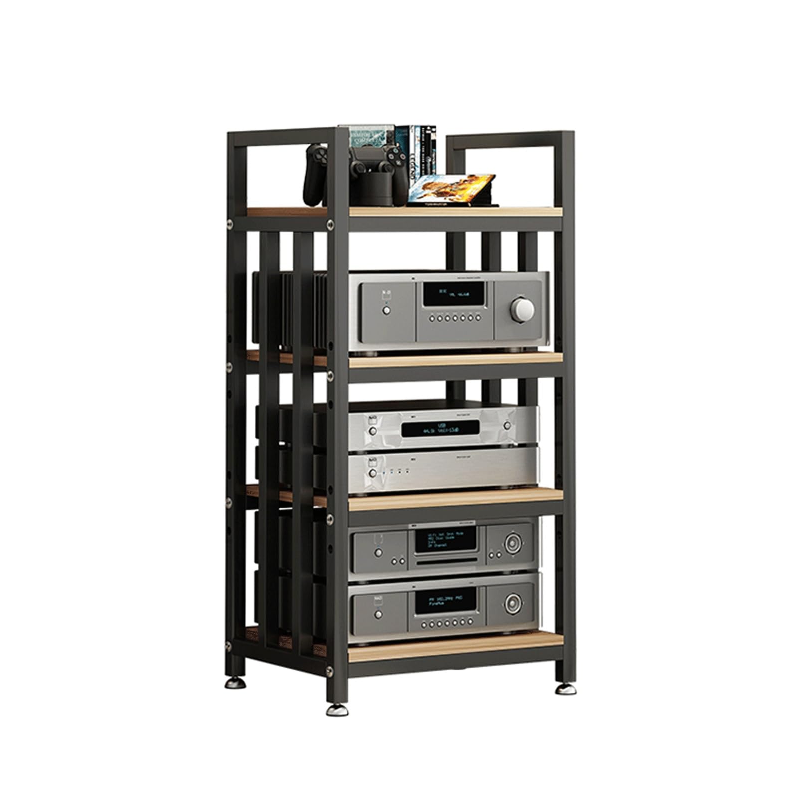 Stojak na odtwarzacz płyt Hi-Fi z 4 poziomami wsparcia mediów audiowizualnych i regulowanymi półkami, drewnianą szafką stereo, wieżą audio do sprzętu amplifi