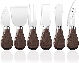 6 Piece Cheese Knives Set with Wooden Handle, Mini Steel Stainless Cheese knife set for Charcuterie and Cheese spread, Perfect for Cheese Slicer and Butter Cutter (Walnut wood, S)
