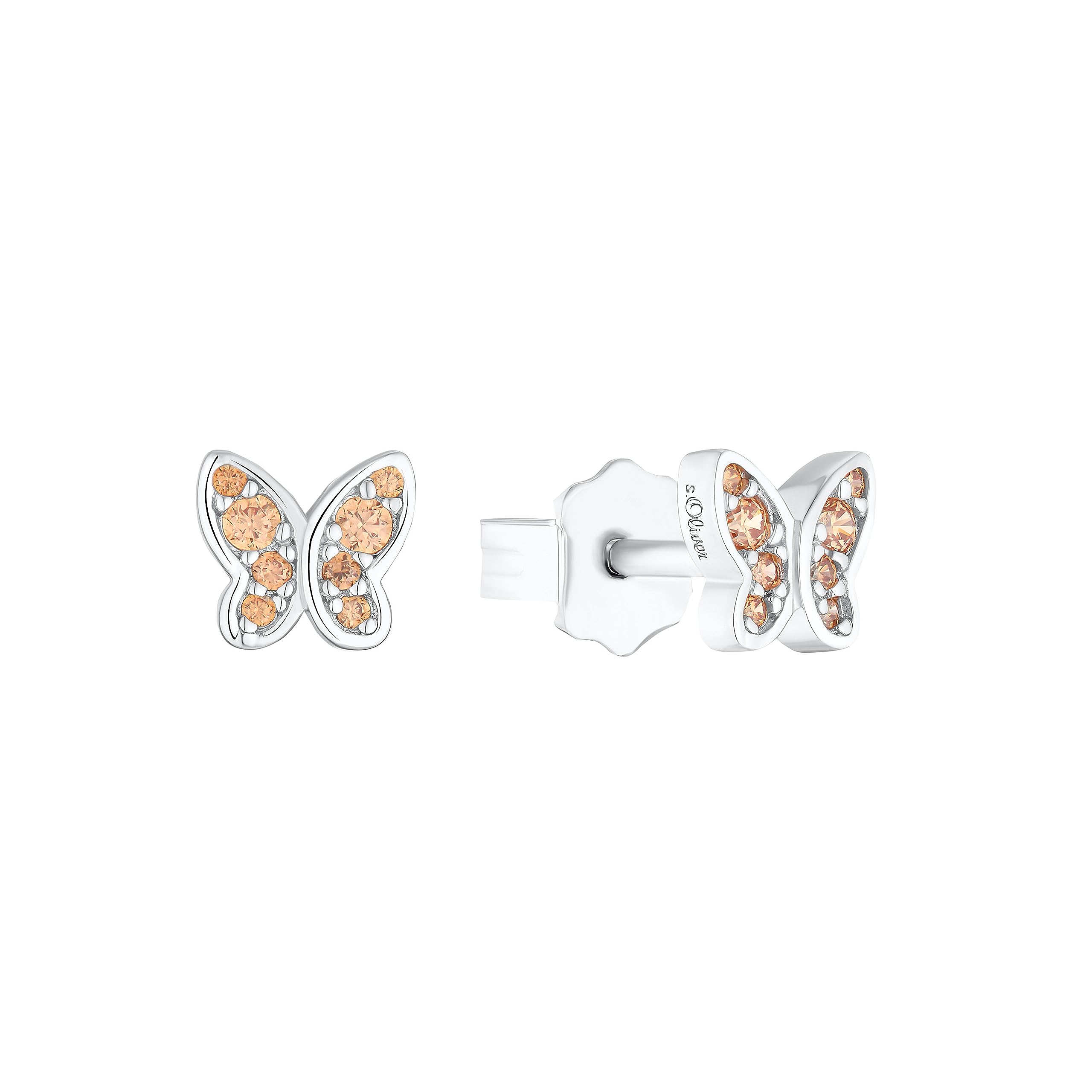 s.Oliver stud earrings 925 Sterling silver girls' children's earrings, with zirconia synth., 0.5 cm, silver, butterfly, comes in jewelry gift box 2036819
