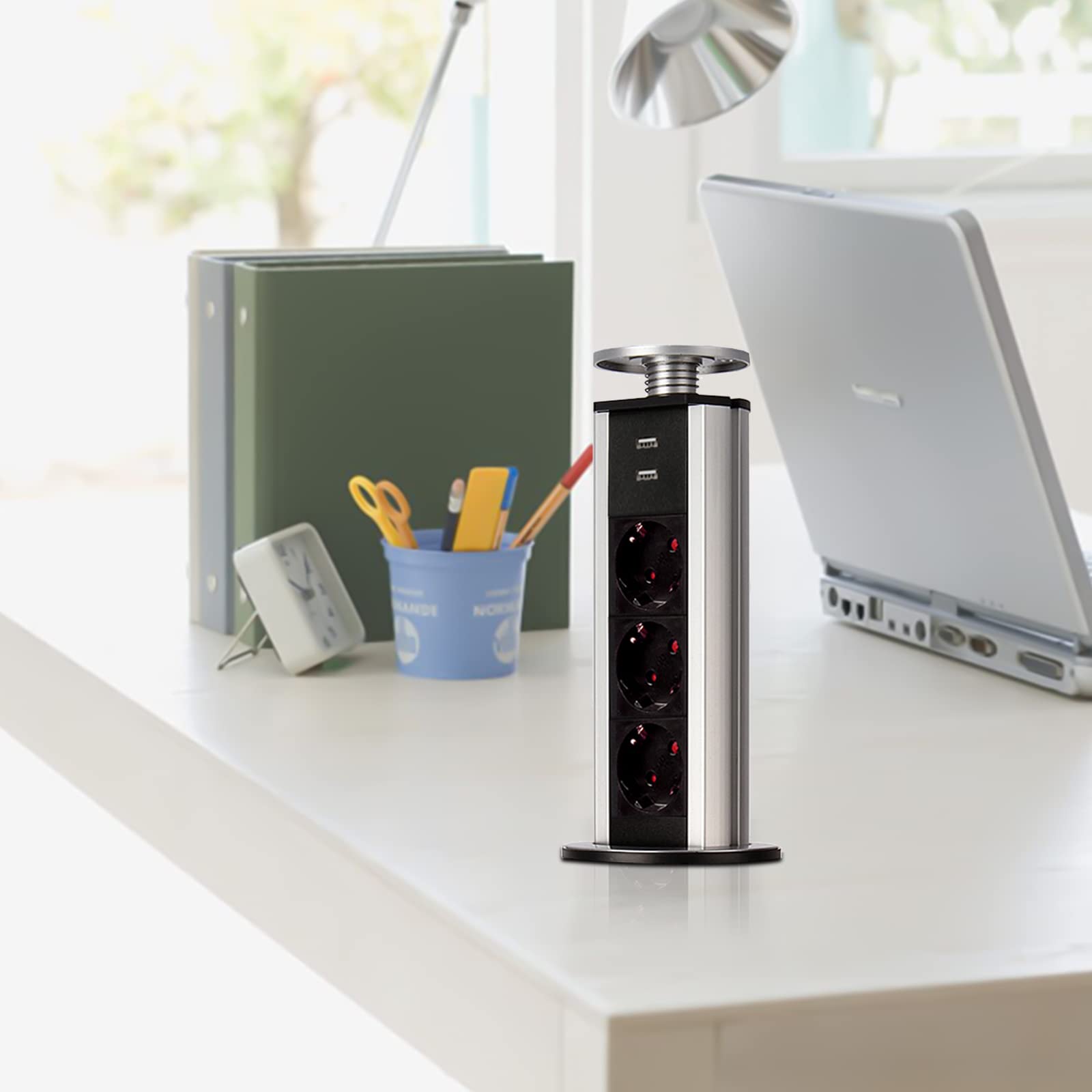 Enchufe retráctil de 3 enchufes con USB, enchufe empotrable de 80 mm de diámetro