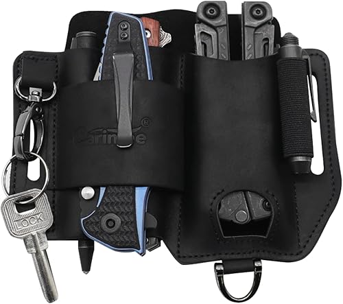 Funda de cuero multiherramienta, organizador de cinturón EDC negro con soporte para linterna, banda elástica, bolsa multiherramientas, clip para