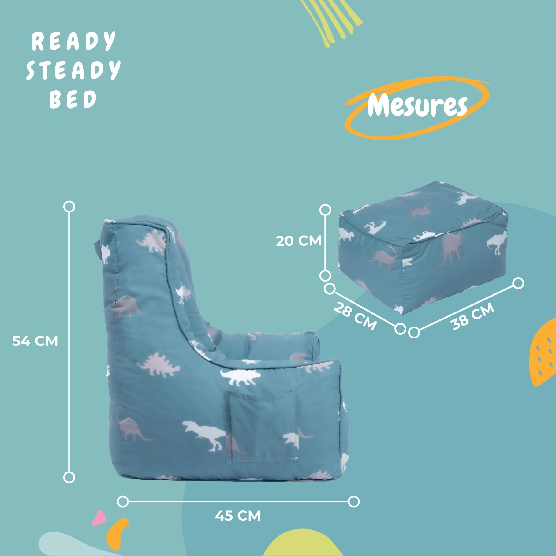 Fauteuil Poire Enfant Ready Steady Bed Avec Pouf - Siège Ergonomique, Léger, Arc-en-Ciel