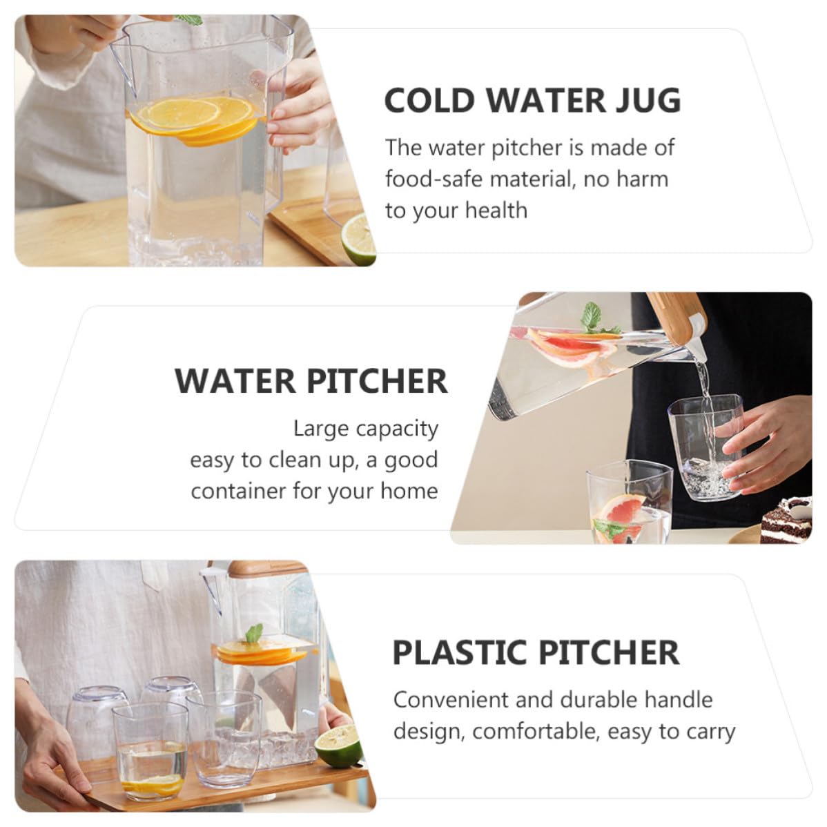 Jarra de Agua Fría de Plástico Asa 1600ml y Tapa Madera | As y Pp, Transparente, para Bebida Casera y Té Helado, Uso en Cena o Barbacoa