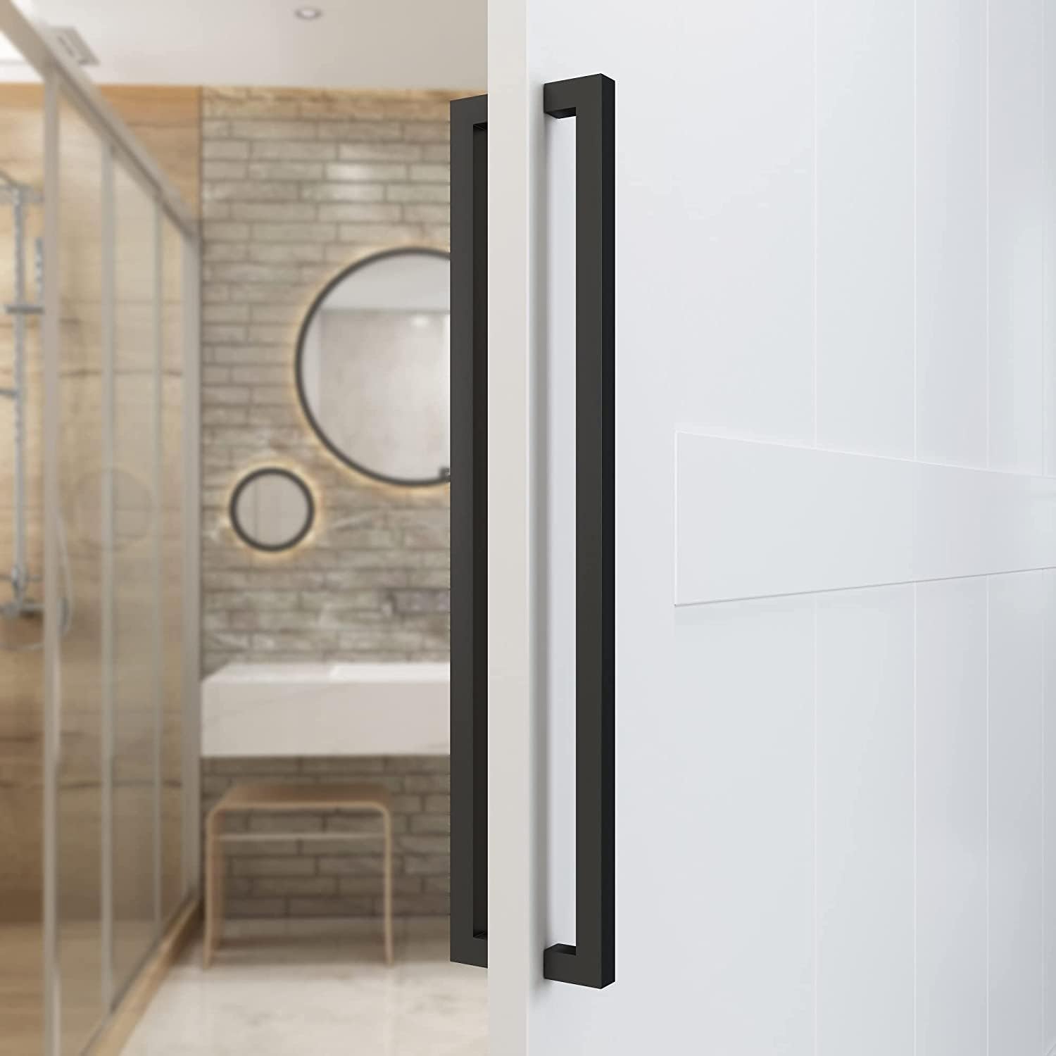 Ranbo Squared-Shaped/Rectangle 18" Push Pull Door Handle, Back to Back,412 mm (16 7/32 inch) CTC, 1.2 mm 304 Stainless Steel, for Barn,Front, Wood, Commercial, Entrance Door, Matte Black