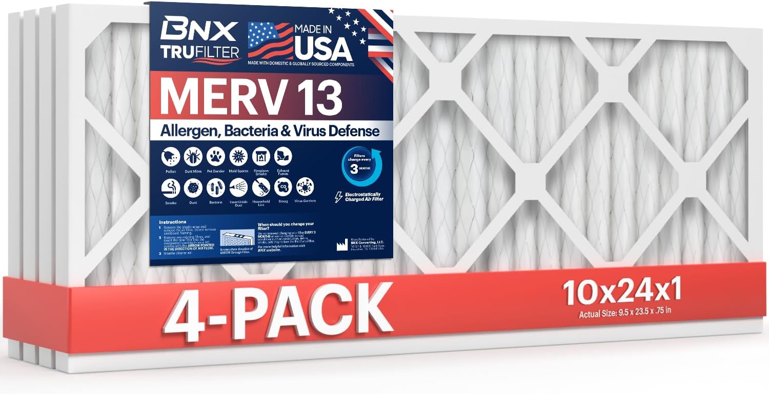 BNX TruFilter 10x24x1 Air Filter MERV 13 (4-Pack) - MADE IN USA - Electrostatic Pleated Air Conditioner HVAC AC Furnace Filters for Allergies, Pollen, Mold, Bacteria, Smoke, Allergen, MPR 1900 FPR 10 10x24x1 4-Pack