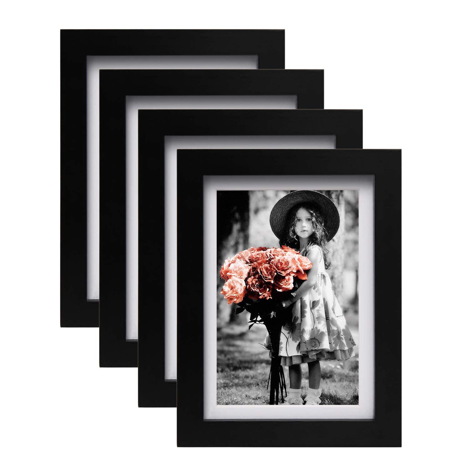 KINLINK5x7 Picture Frame Black, Solid Wood Frames with Acrylic Plexiglass for Pictures 4x6 With Mat or 5x7 Without Mat,Tabletop and Wall Display Photo Frame Set of 4