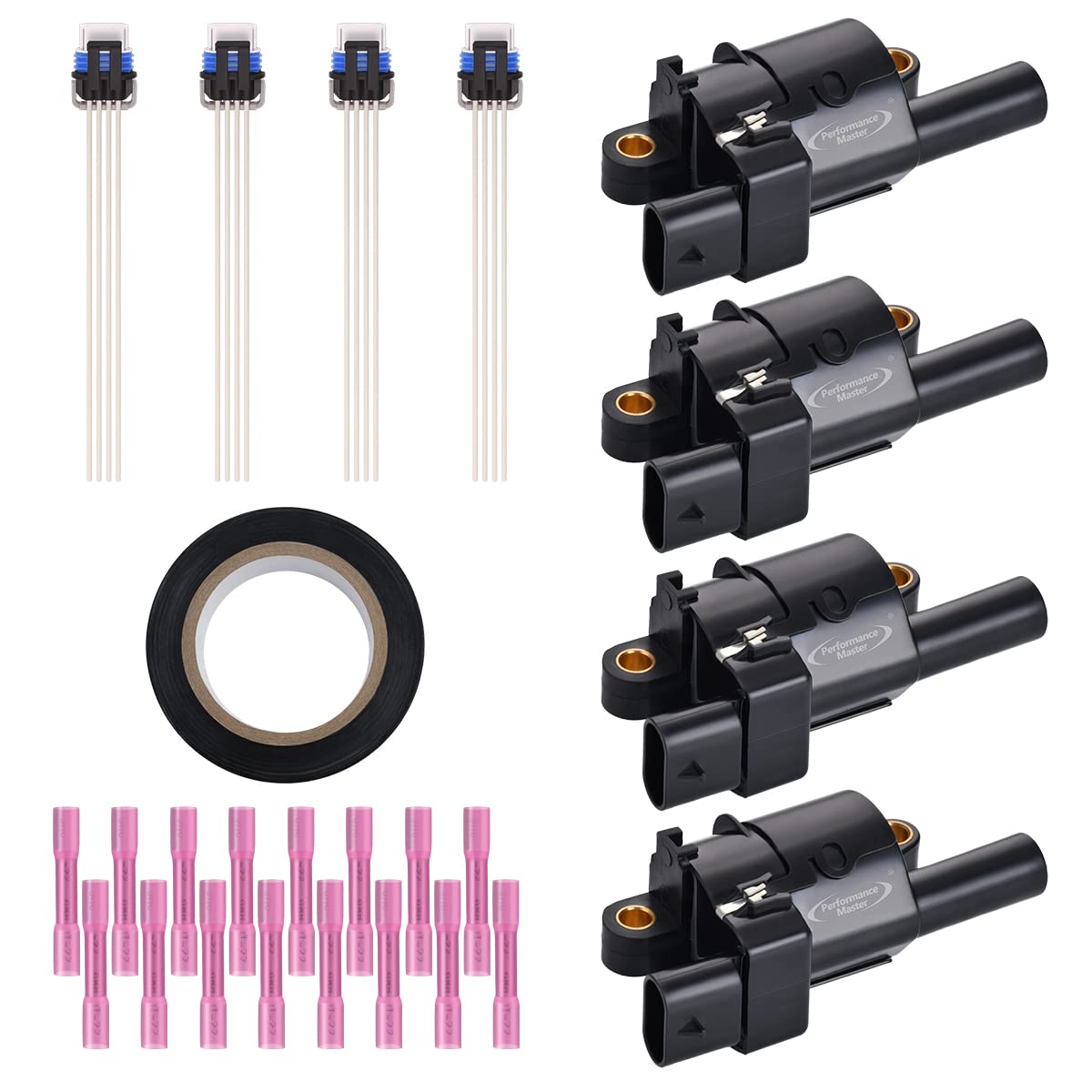 Set of 4 Round Ignition Coils &amp; Pigtail Connector Wiring Harness Kit Compatible with Buick Cadillac Chevy GMC Hummer Workhorse Compatible UF-414 GN10165