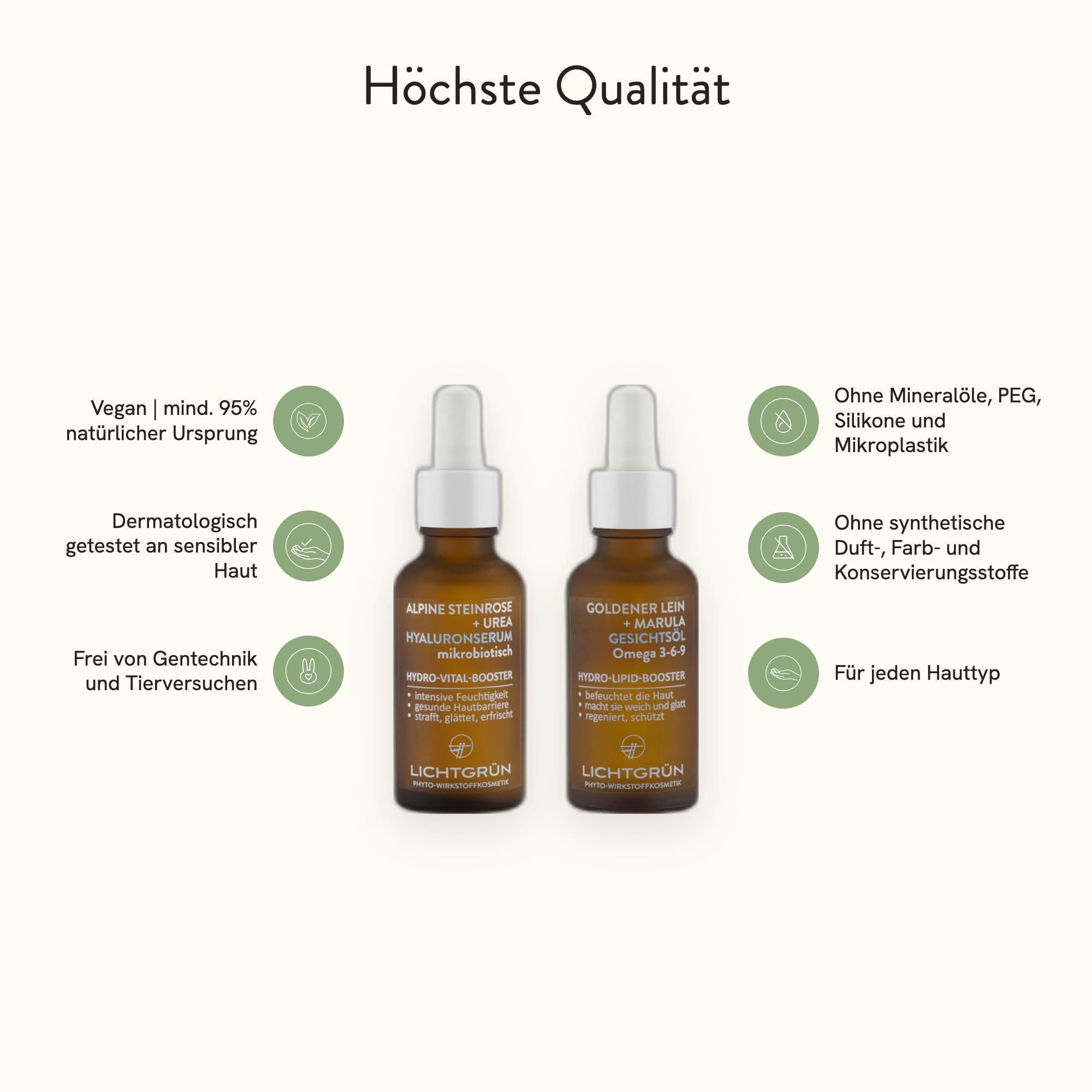 Set Hydro-Booster, Hyaluronserum 30 ml und Gesichtsöl 30 ml, parfümfreie Feuchtigkeits- und Lipidpflege mit 4-facher Hyaluronsäure, Bio-Leinöl und Omega-3-6-9, vegan, Made in Germany