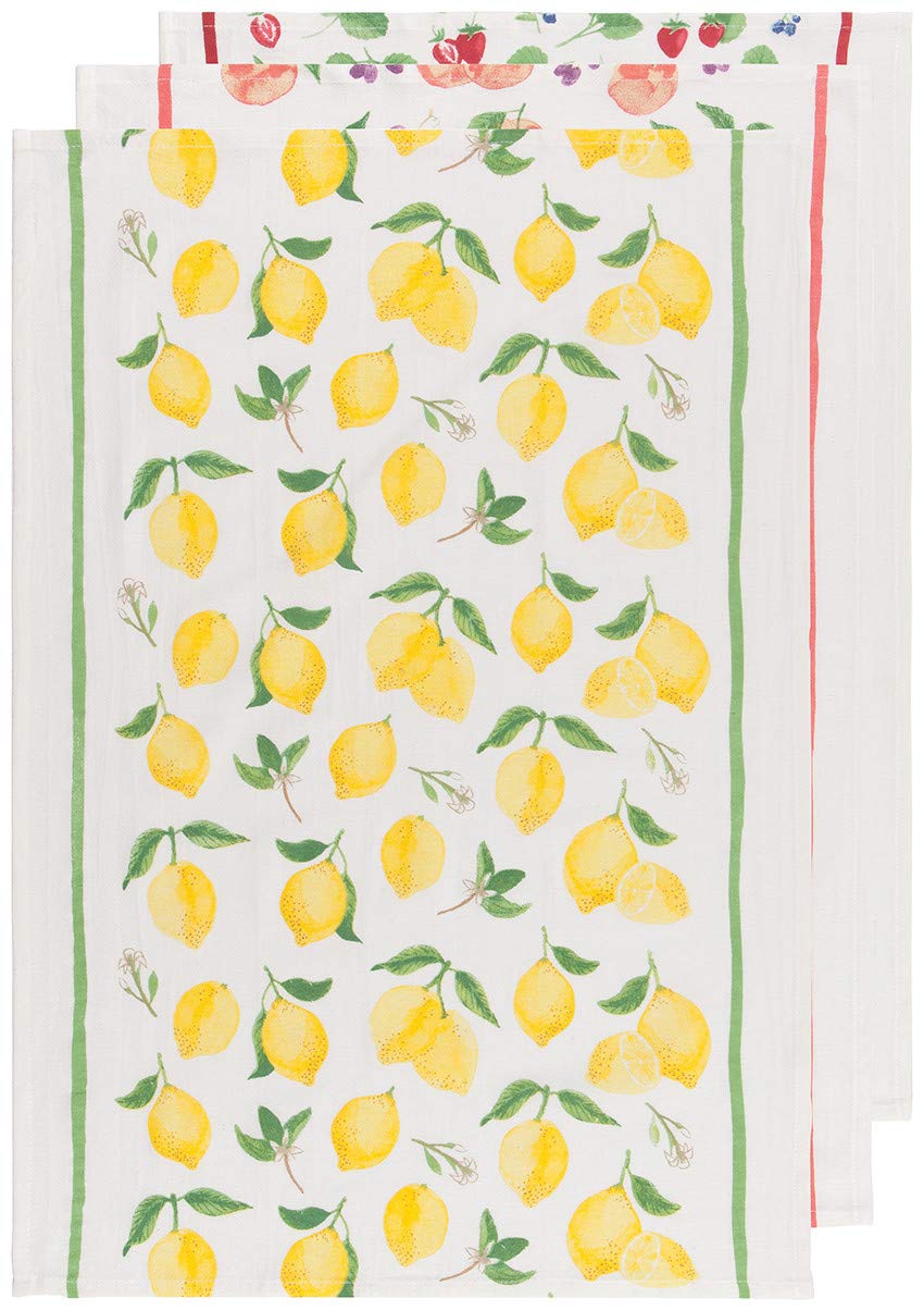 Now Designs Floursack Kitchen Towels Quick Dry Cotton Hand Towel Set, 3 Count, Fruit Salad Print, 20 x 30 in