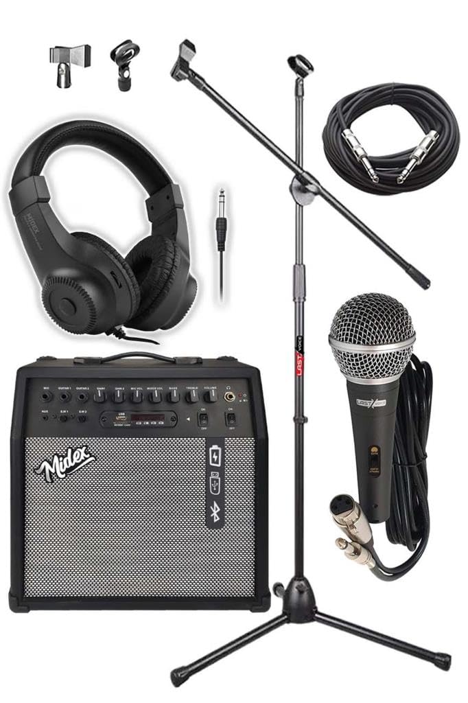 Midex MGA-50-PAK Elektro Gitar Amfisi 50 Watt USB Bluetooth Şarjlı 4 girişli (Mikrofon Kulaklık Stand Kablo)