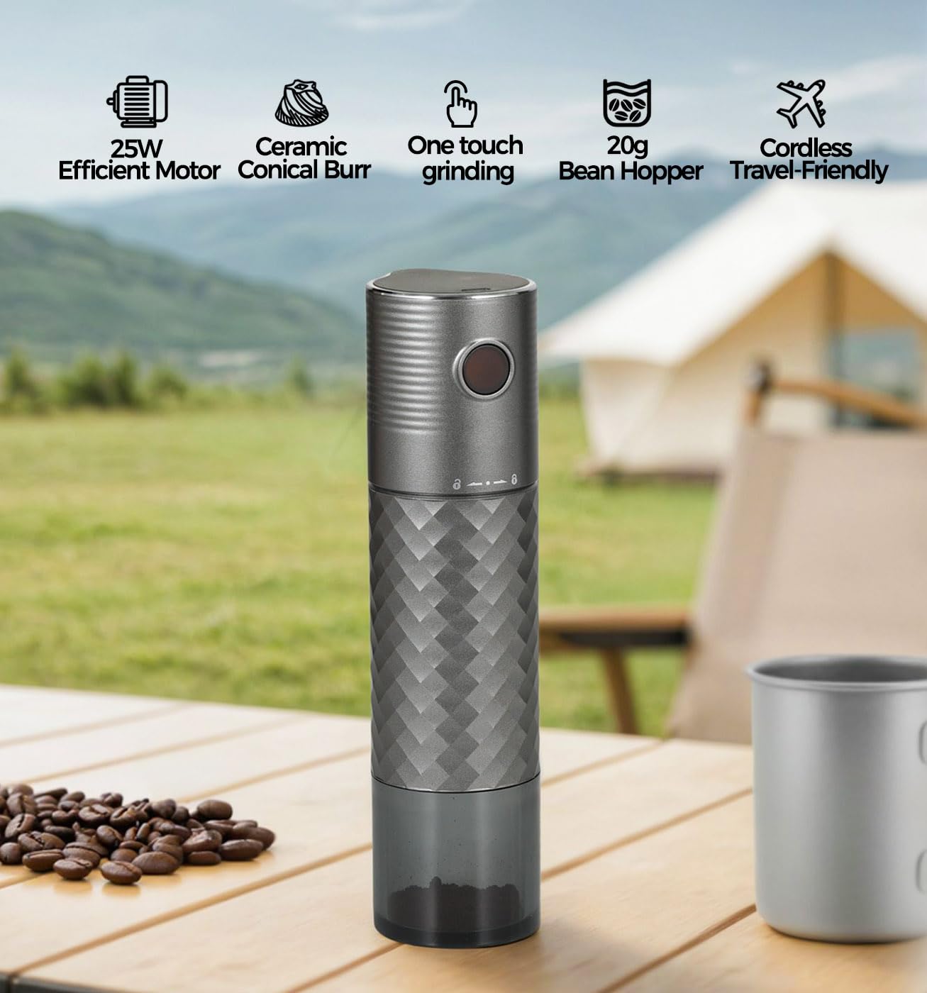 Moulin à Café Électrique Portable avec Meule Conique en Céramique, Réglages Ajustables de Grossier à Fin, Démarrage en Un Clic, Compact pour Voyages, Camping et Maison