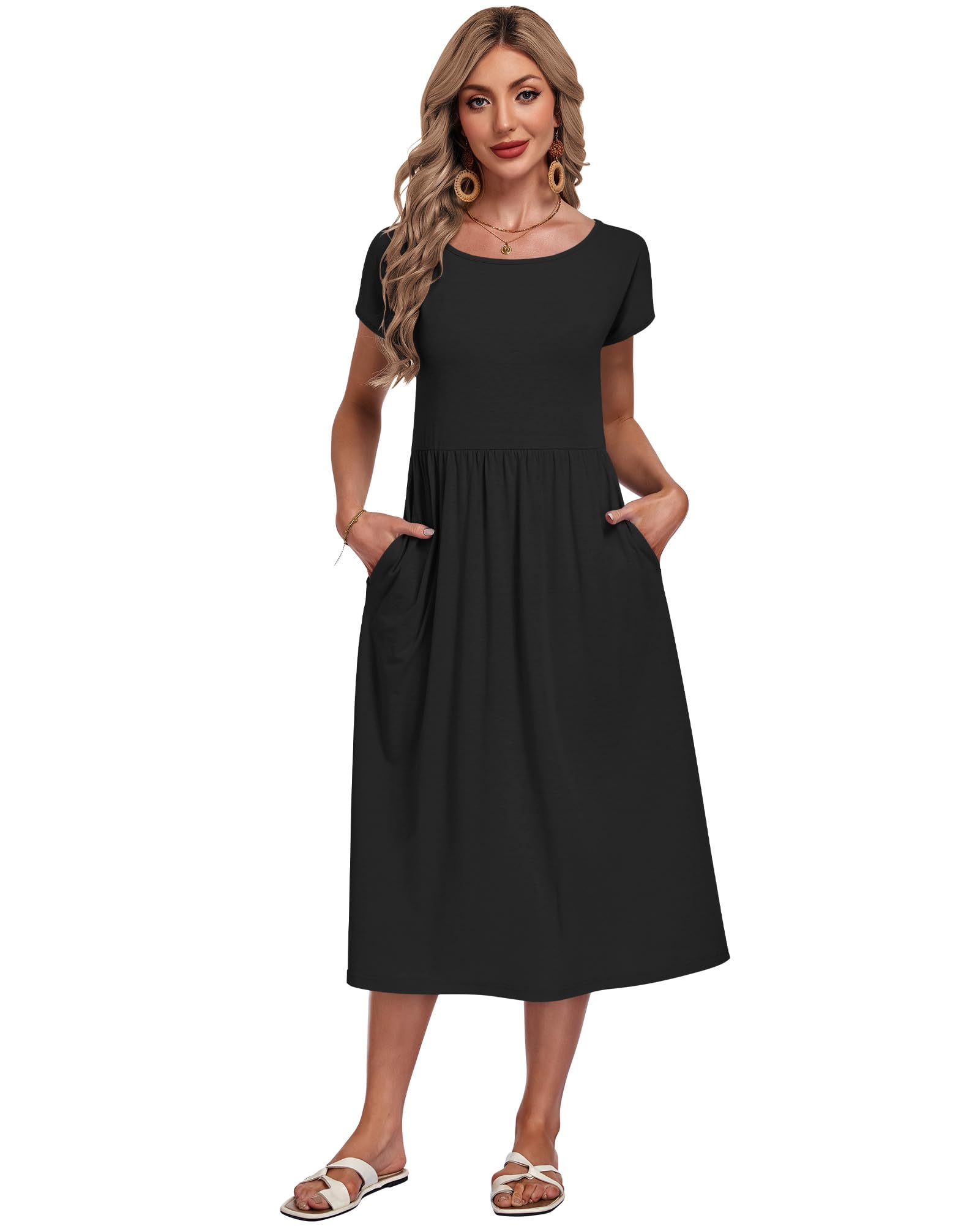 AUSELILY Vestito Estivo da Donna a Maniche Corte Abiti Casual Larghi Abito Midi con Scollo a Girocollo e Tasche