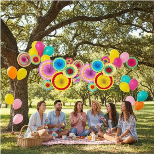 Image of 6 Pcs Multicolor Hanging Fiesta Paper Fans for Birthday Decoration Party Decoration Diwali Wedding (Pack of 6)