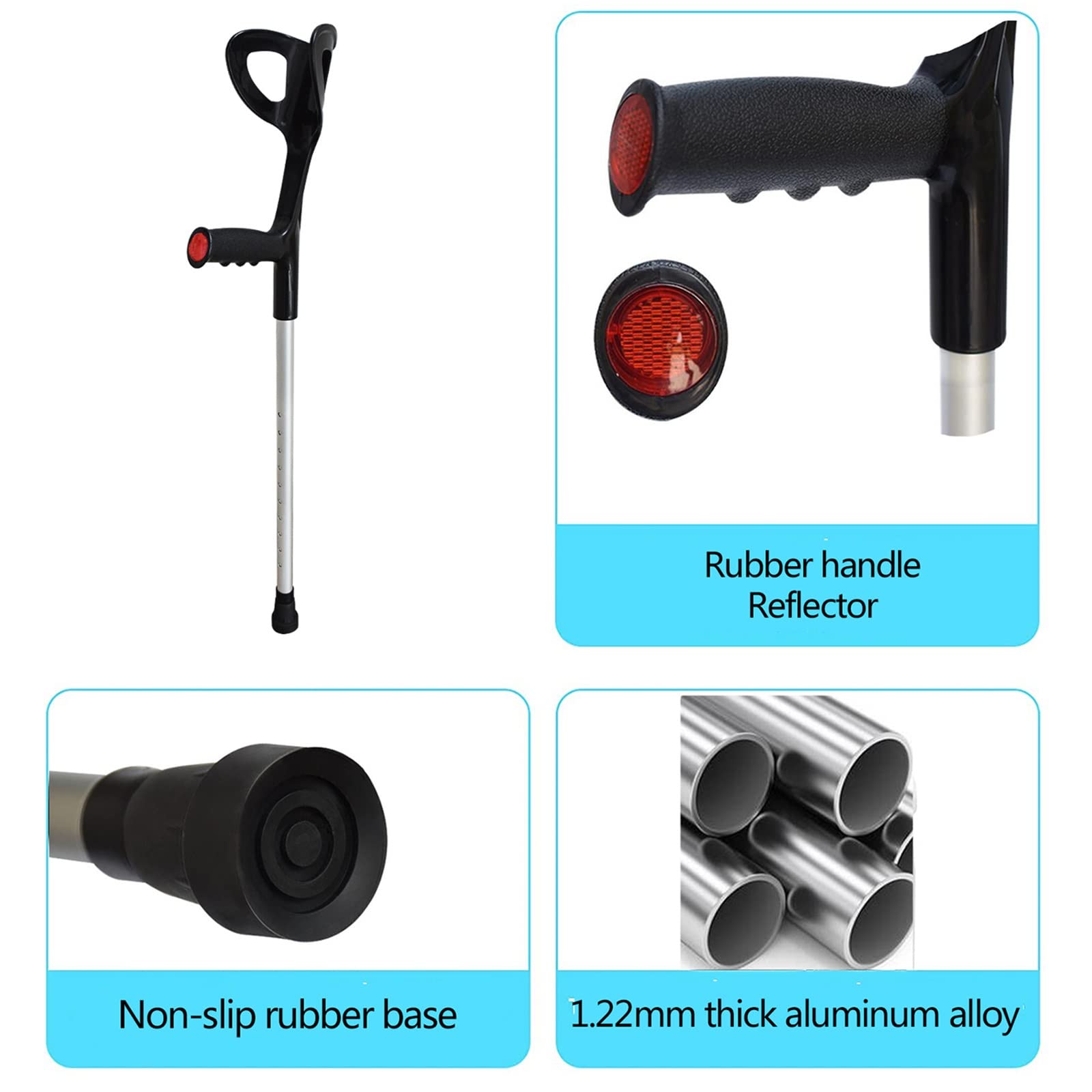 Muletas Antebrazo Liviano (1 Par), Bastón para Caminar De Altura Ajustable, Mango Cómodo Y Base De Goma Antideslizante, Negro