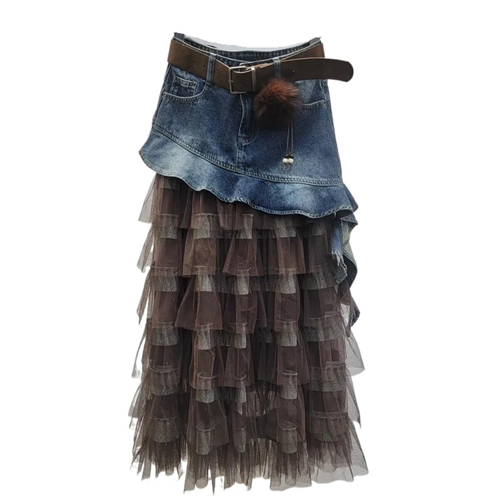 Denim-Rüschen, unregelmäßiges Patchwork-Mesh, mittellange A-Linien-Kuchenröcke mit hoher Taille for Damen