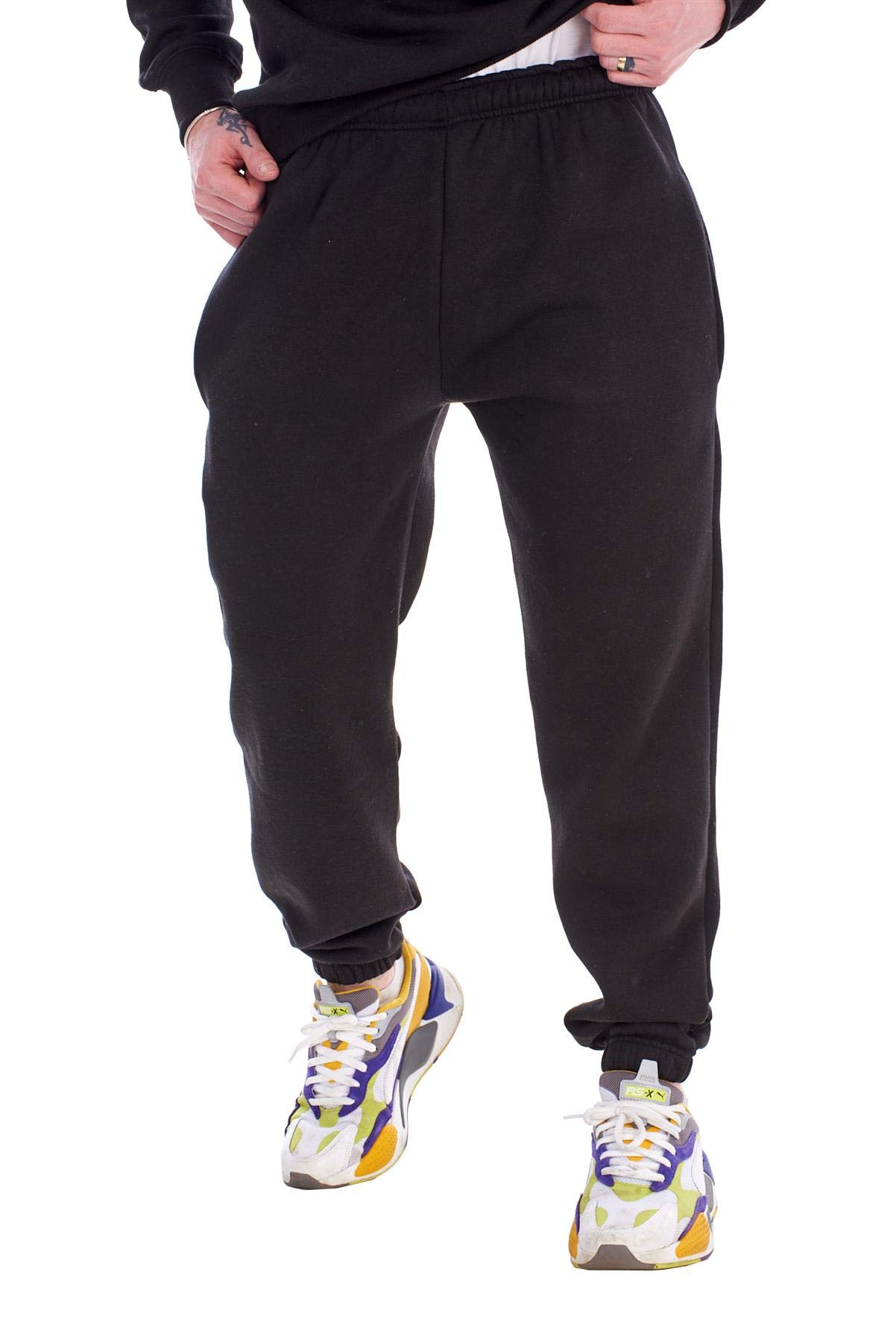 Malay Men's Black Fleece Joggers Regular Elastic Tracksuit Bottom Cuffed Ankle Cotton Blend