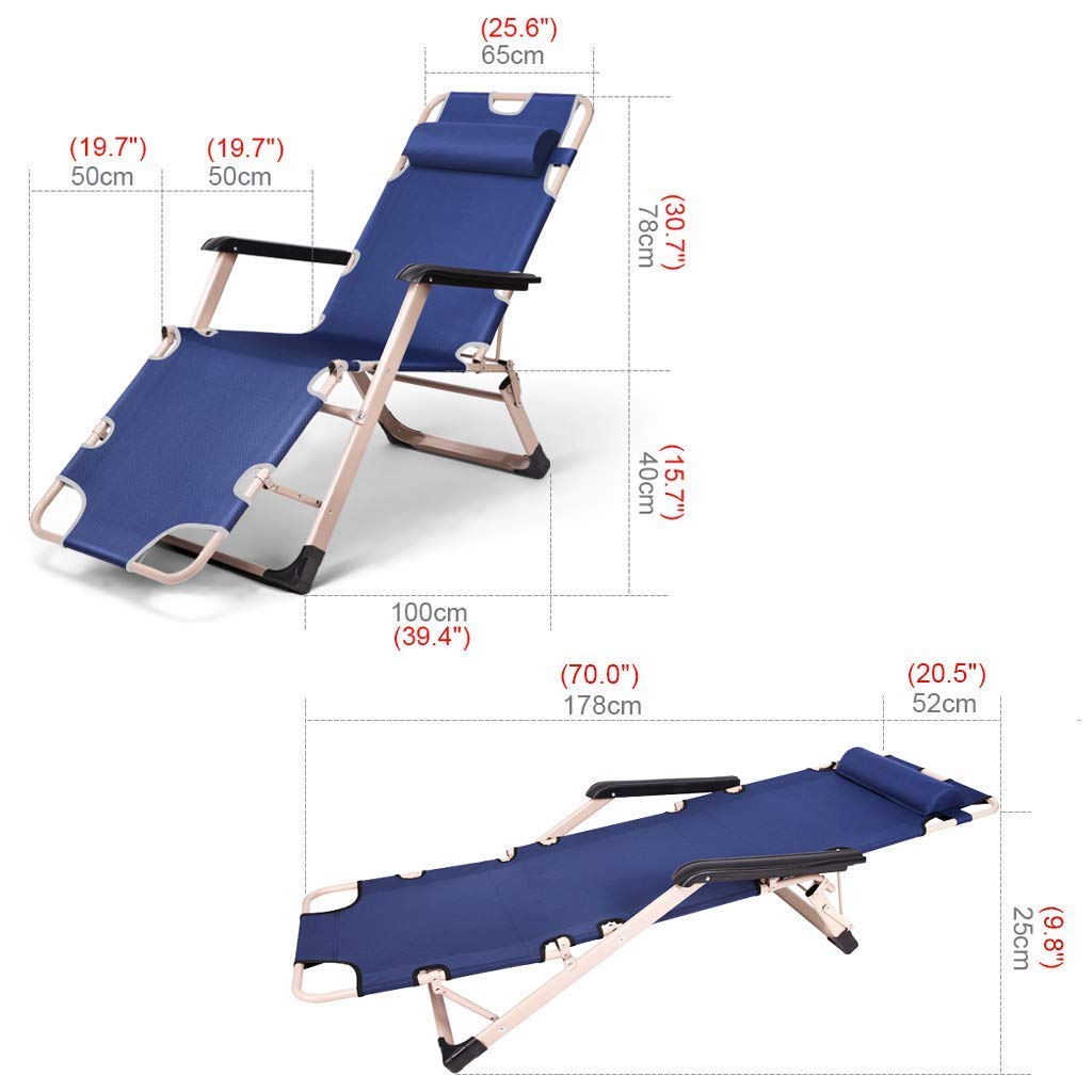 Chaises longues pliantes réglables – Chaises de camping inclinables avec coussins pour patio, terrasse, plage et bord de piscine – Support robuste de 180 kg – Couleur bleue confortable