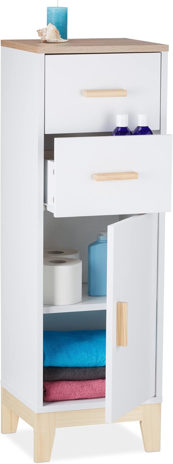 Relaxdays Badezimmerschrank 190x40x30cm - 6 Fächer Mit Bambustüren Weiß/natur