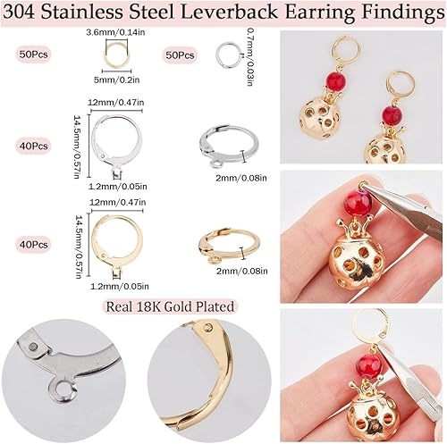 Miniatura 31 de SUNNYCLUE 1 caja de 80 ganchos para aretes chapados en oro real de 18 quilates, de acero inoxidable con cierre de palanca, aros de palanca para 80