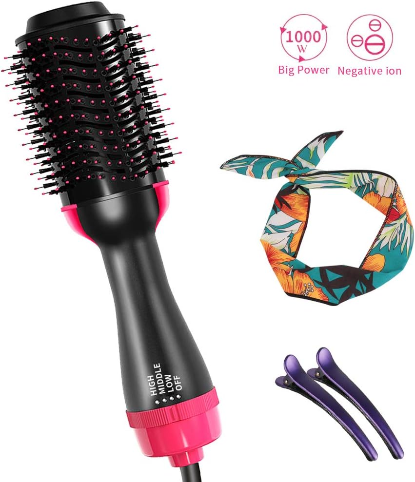 Hot Air Brush,One Step Hair Dryer and Volumizer,Hiar Blow Dryer Brush Straightener Curler in One, 3 in 1 Oval Brush with Headband and 2 Hair Clips (red)