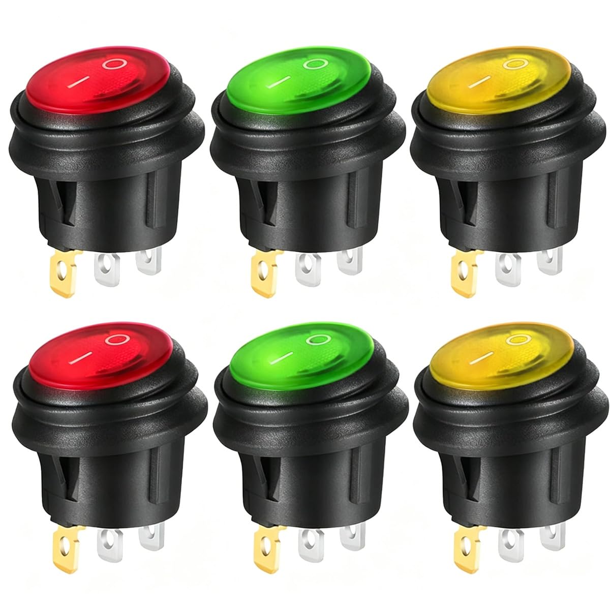 Gebildet 6pcs 12V-24VDC/20A Waterproof Round Rocker Toggle Switch with LED Indicator, 3 Pin SPST ON-OFF Triangle Plug Switch for Car Truck Motorcycle Boat Marine (Red Yellow Green)