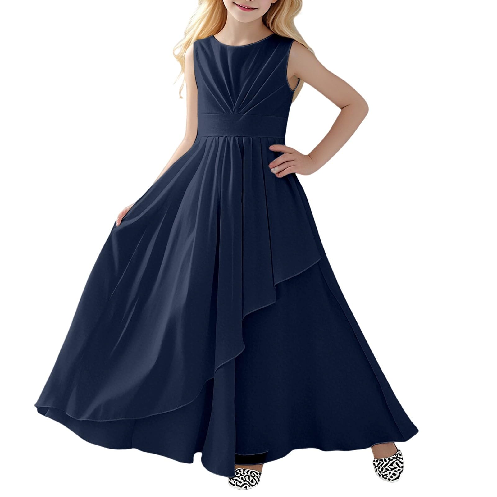 Generisch Elegante abito da bambina senza maniche, con scollo rotondo, adatto per esibizioni, matrimoni, eventi all'aperto, creazione elegante senza maniche, perfetto per la primavera