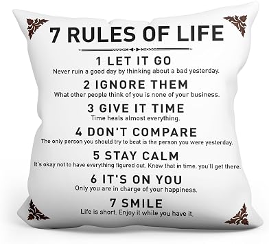 Rustic Inspirational Quotes Pillow Covers - 7 Rules of Life Pillow Case Cushion Cover for Sofa Couch Dorm Room Home Decor Gifts - Best Graduation/Birthday 18x 18Inch