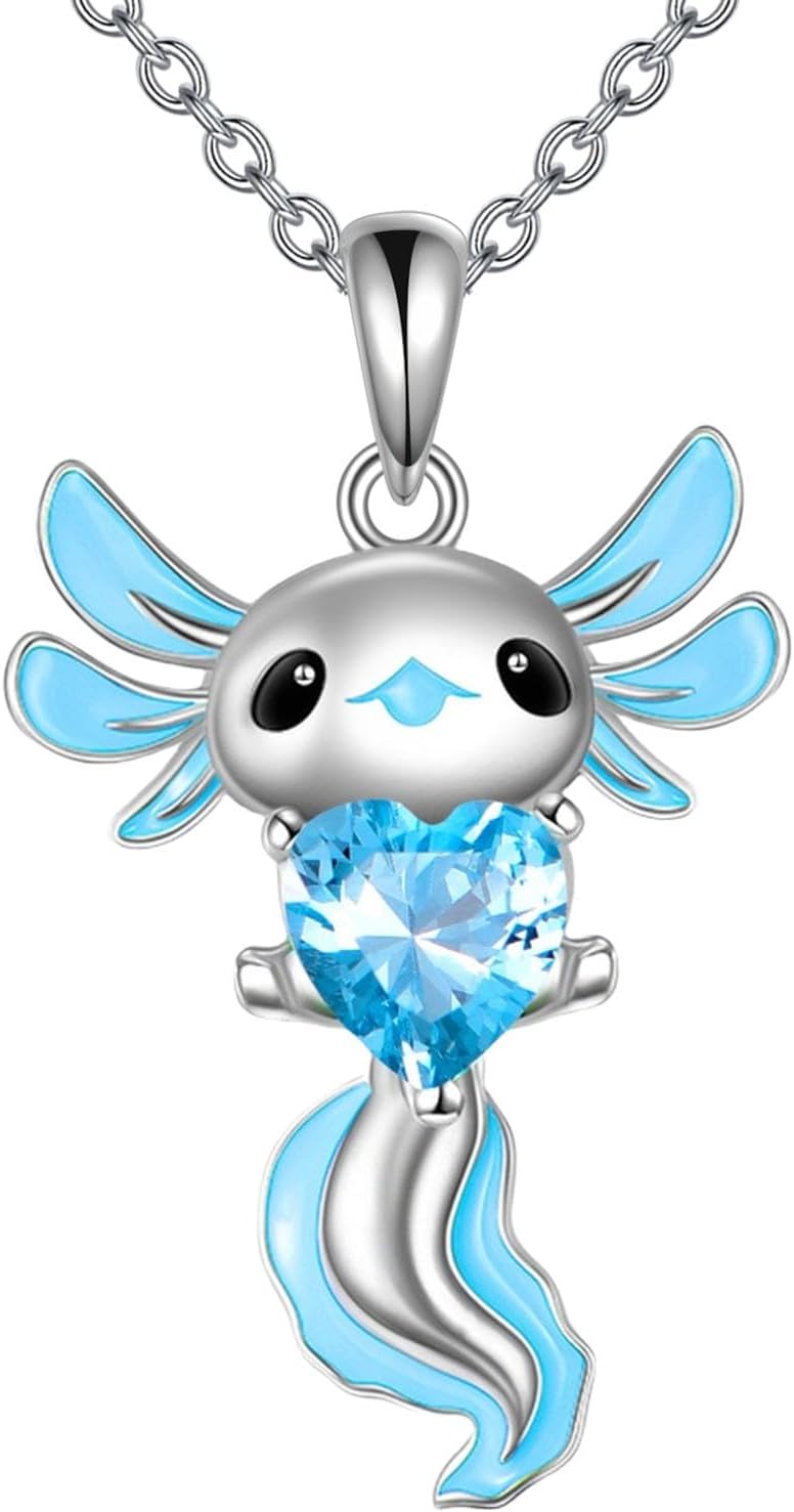 Axolotl Birthstone Necklace Sterling Silver Axolotl Pendant CZ Animal Jewelry Birthday Gifts for Women