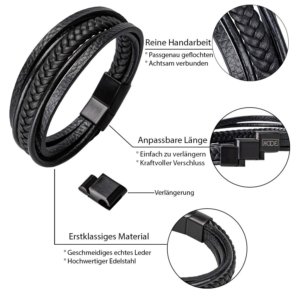 HOOF | Herren Armband aus echtem Leder Schwarz/Braun | geflochtener Armreif | 19,5cm - 27cm | Magnetverschluss Edelstahl | Edle Schmuckschachtel Box | Geschenk für Männer, Freunde, Partner bis XXXL