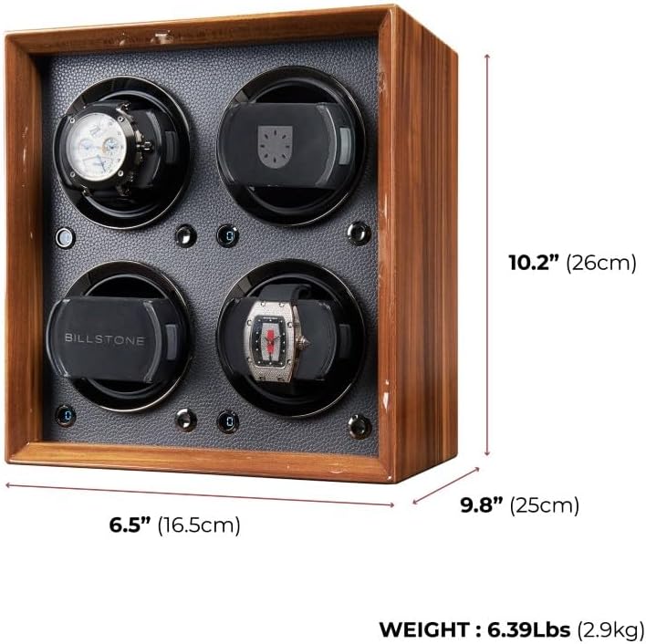 BILLSTONE in Safe 4 Watch Winder for Automatic Watches, 4 Slot Walnut Wood Finish with Battery Option