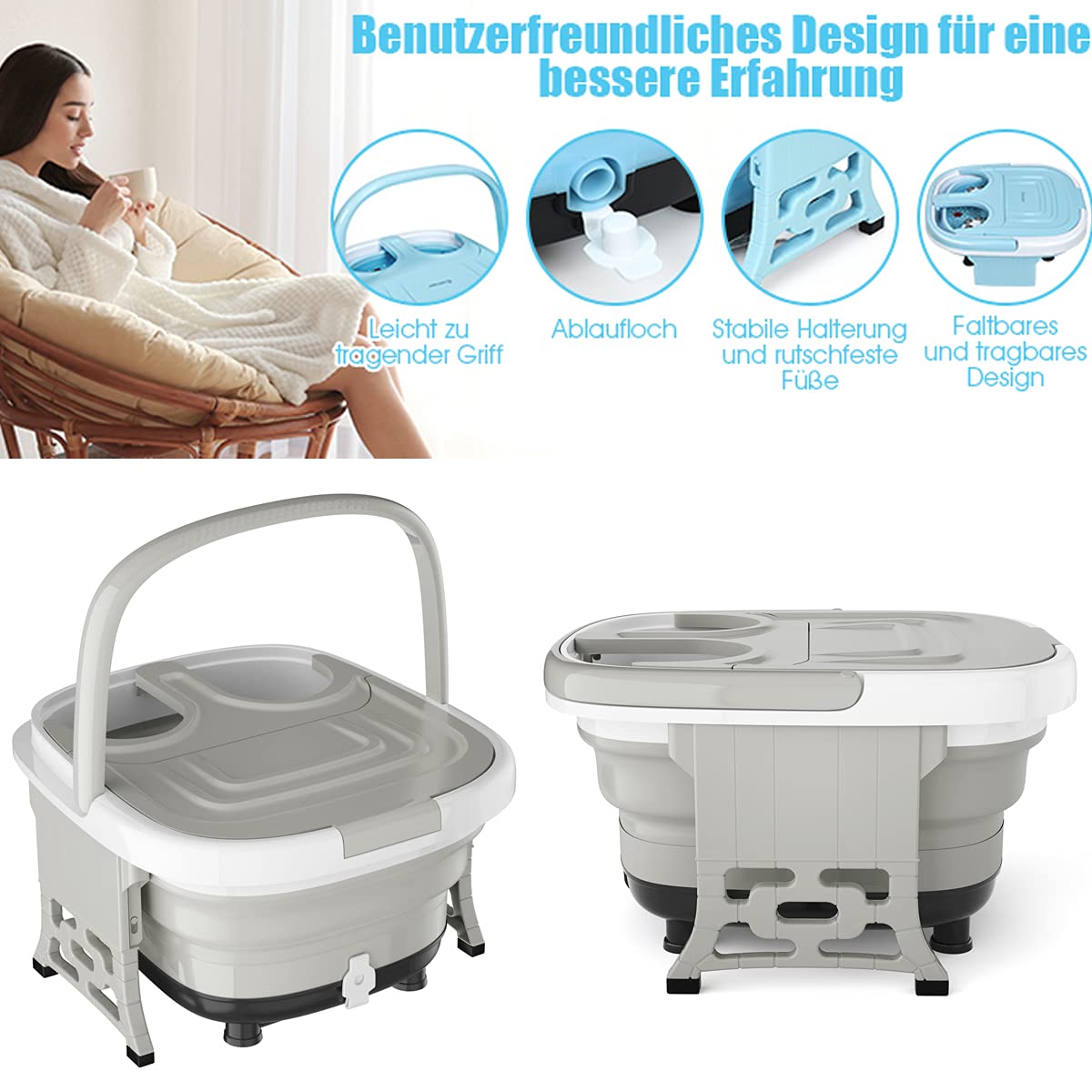 RELAX4LIFE Fussmassagegerät elektrisch, klappbares Fußbad mit Massage & Heizung, 35-48℃, 10-60 min. Timer, Fußbadewanne mit Shiatsu-Rollen & Fernbedienung, Fußsprudelbad als Geschenk, 450W (Grau)