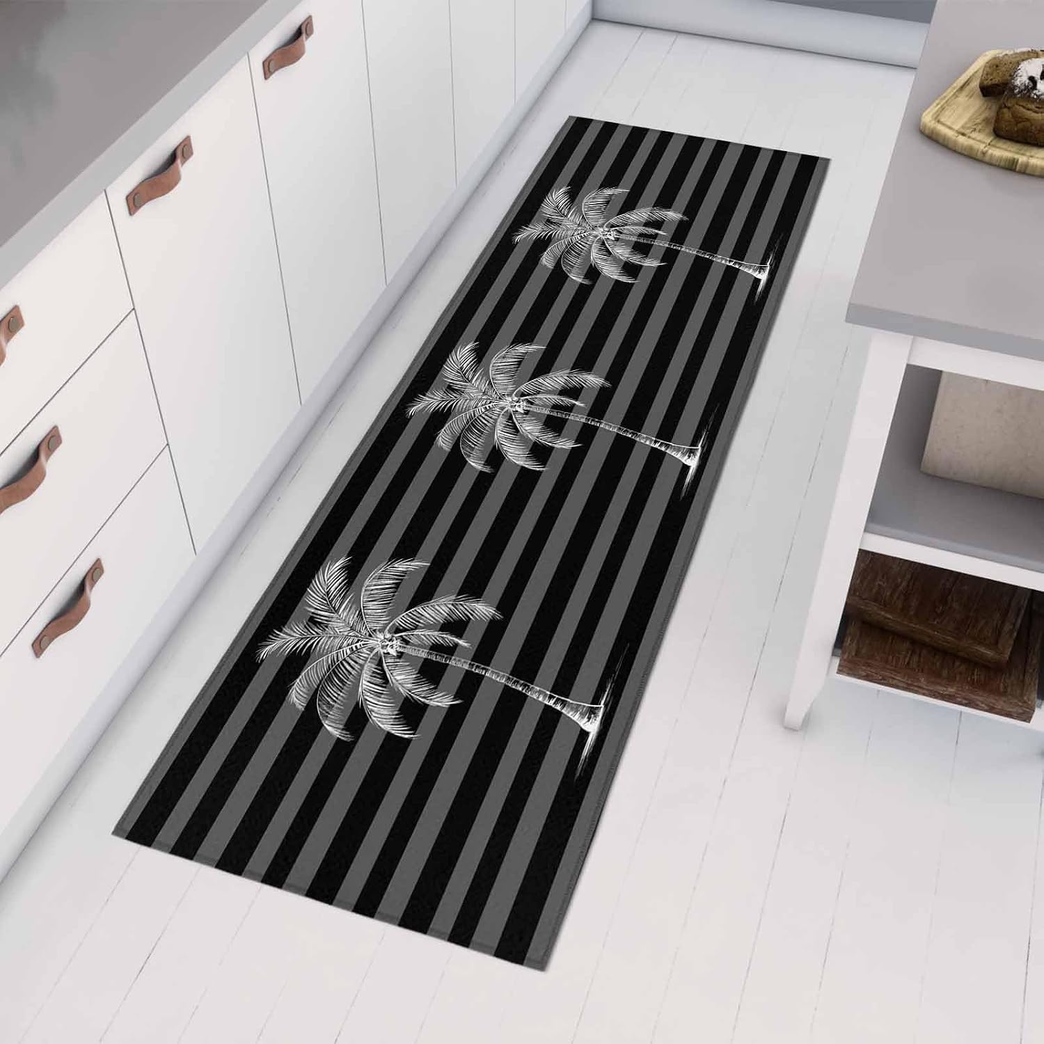 Teamery Kitchen Mats for Floor Vintage Summer Coastal Palm Tree Washable Non Slip Kitchen Rugs 1PCS, Black Gray Stripes Absorbent Standing Mats for Sink Bathroom Office Living Room 23.6x70.9in