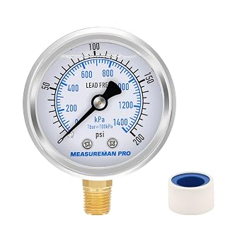 MEASUREMAN PRO 2" Dial Size, Glycerin Filled Pressure Gauge, 0-200psi/kpa, 304 Stainless Steel Case, 1/4" NPT Lower Mount, Lead-Free