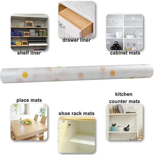 Miniatura 4 de Forro para refrigerador, estante y cajón para tapete de gabinete de cocina, no adhesivo, hojas y margaritas 17.7 x 78.7 pulgadas, 2 rollos