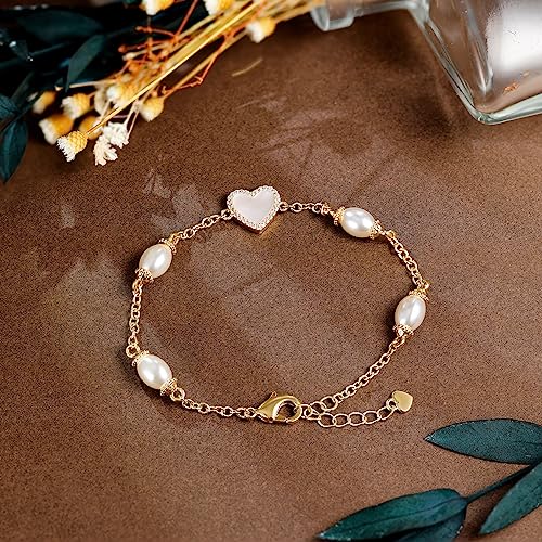 Image of Gold Pearl Bracelet for Women, REAL 14K Gold Plated Double Layered Dainty Pearls Bracelet, Elegant Stackable Flower Jewelry Gift for Her with OT Clasp