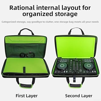 DAZZLEEX Hard EVA Carrying Case for Pioneer DDJ-SB2 DJ Controller with Dual Channel Layout Mesh Pockets and Handle Green Black Storage Bag 51x29x9cm(A)