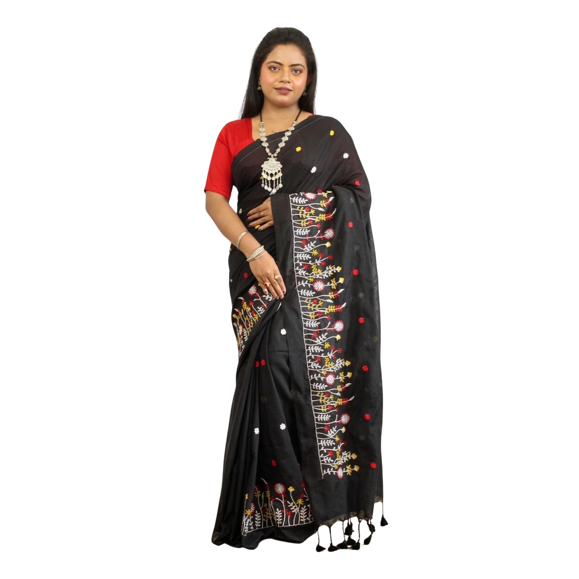 Embroidered Handloom Pure Cotton Saree (Black, Multicolor)-image-3