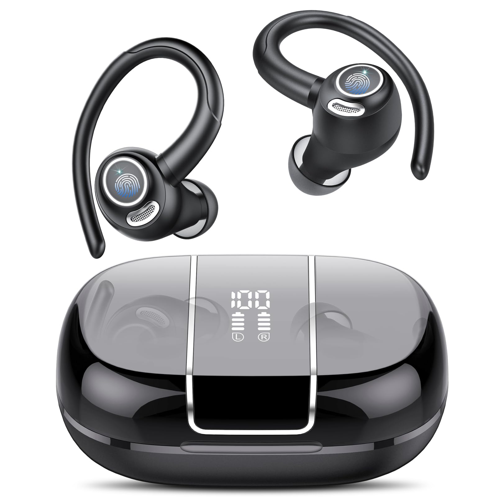 Wireless Earbuds Bluetooth 5.3 Headphones Sports, 48Hrs Playback Over Ear Buds with CVC8.0 Mic, Bass Stereo Bluetooth Earbuds with Earhooks, LED Display, IP7 Waterproof Earphones for Workout/Running