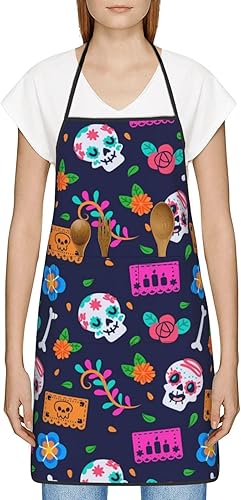 Miniatura 9 de Delantal de calavera de azúcar, delantales de cocina para hombres y mujeres, delantal de cocina, delantal de chef, delantales de jardín ajustables