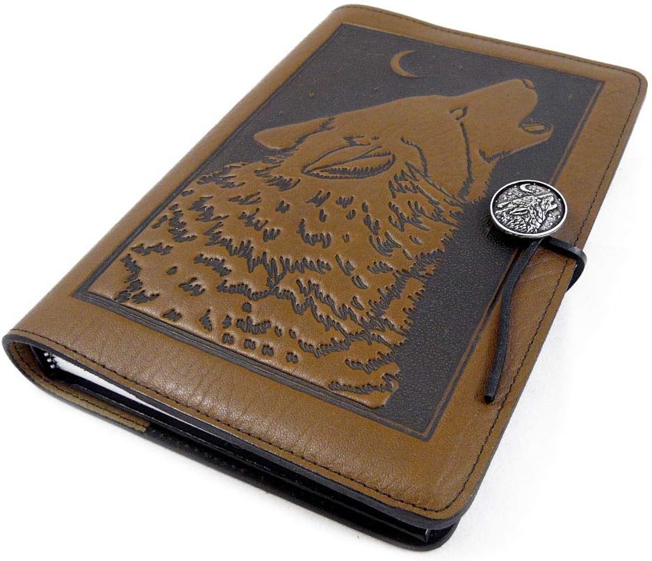 Modern Artisans Howling Wolf American-Made Embossed Leather A5 Writing Journal, 6 x 9-inch + Refillable Hardbound Insert Book